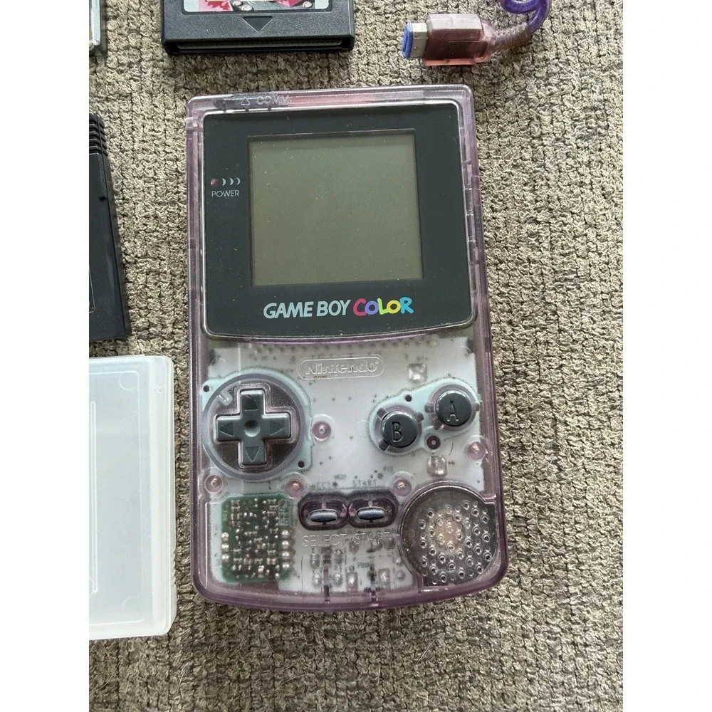 Nintendo Game Boy Color Atomic Purple Console Lot w/ Games & Worm Light- WORKING